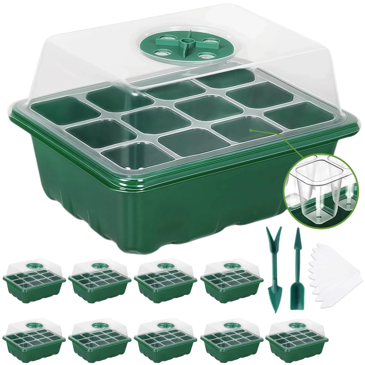 10 Packs Seed Starter Tray Seed Starter Kit with Humidity Dome (120 Cells Total Tray) Seed Starting Trays Plant Starter Kit and Base Mini Greenhouse Germination Kit for Seeds Growing Starting