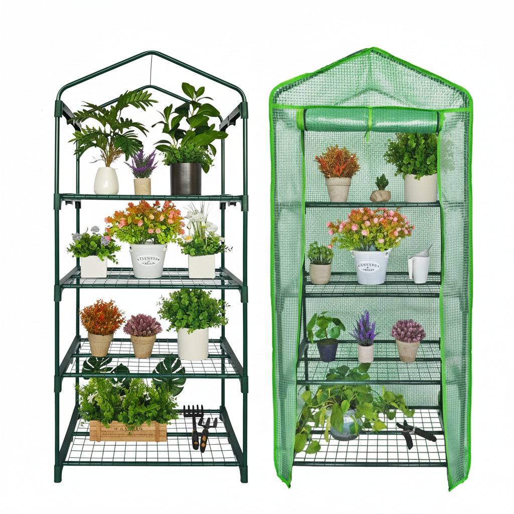 PE greenhouses ans shelves with plants 