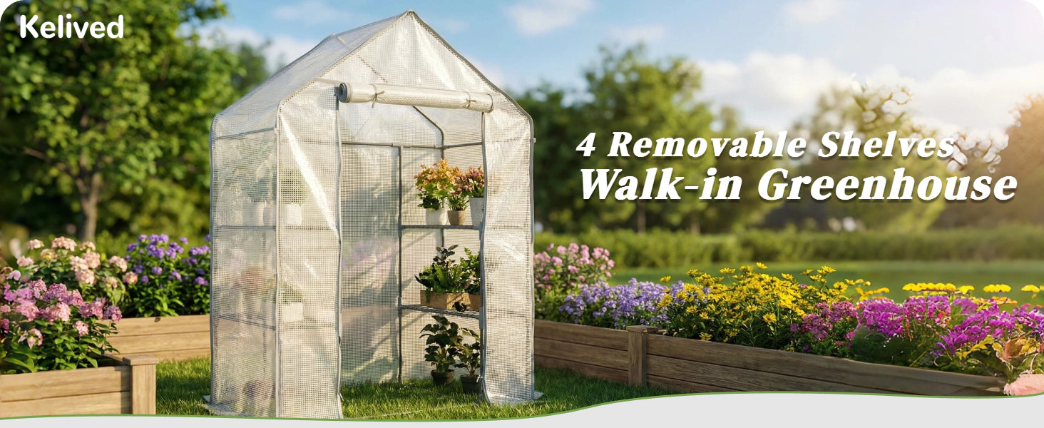Greenhouses for Outdoors - Walk-in Greenhouse, Rustproof Steel Frame, 4 Removable Shelves & Durable PE Cover, Dual-Zip Door, All-Season for Patio/Yard/Deck (Herbs/Flowers/Vegetables)