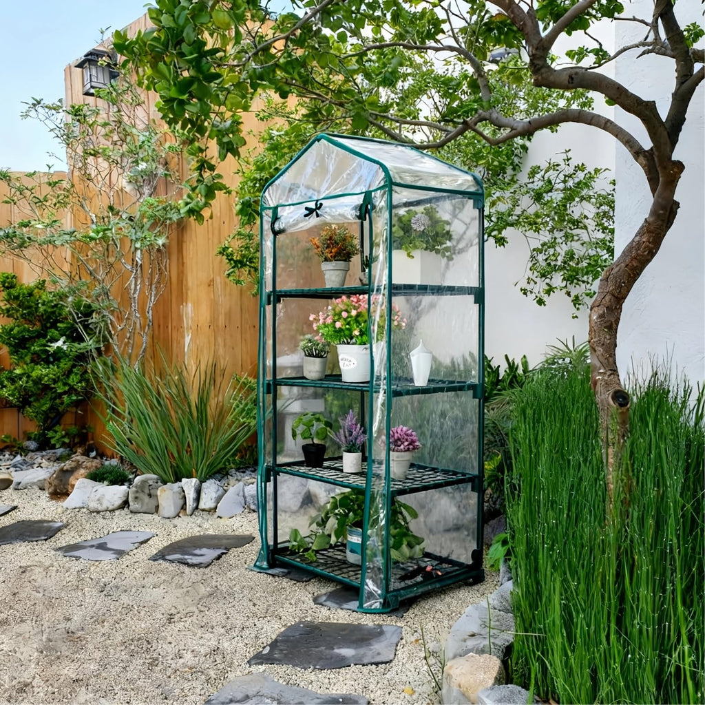 Mini Greenhouse for Indoor Outdoor, Small Plants Green House with 4 Tier Shelves, Portable Plastic Greenhouses with Transparent PVC Cover for Garden Backyard Patio Balcony Porch