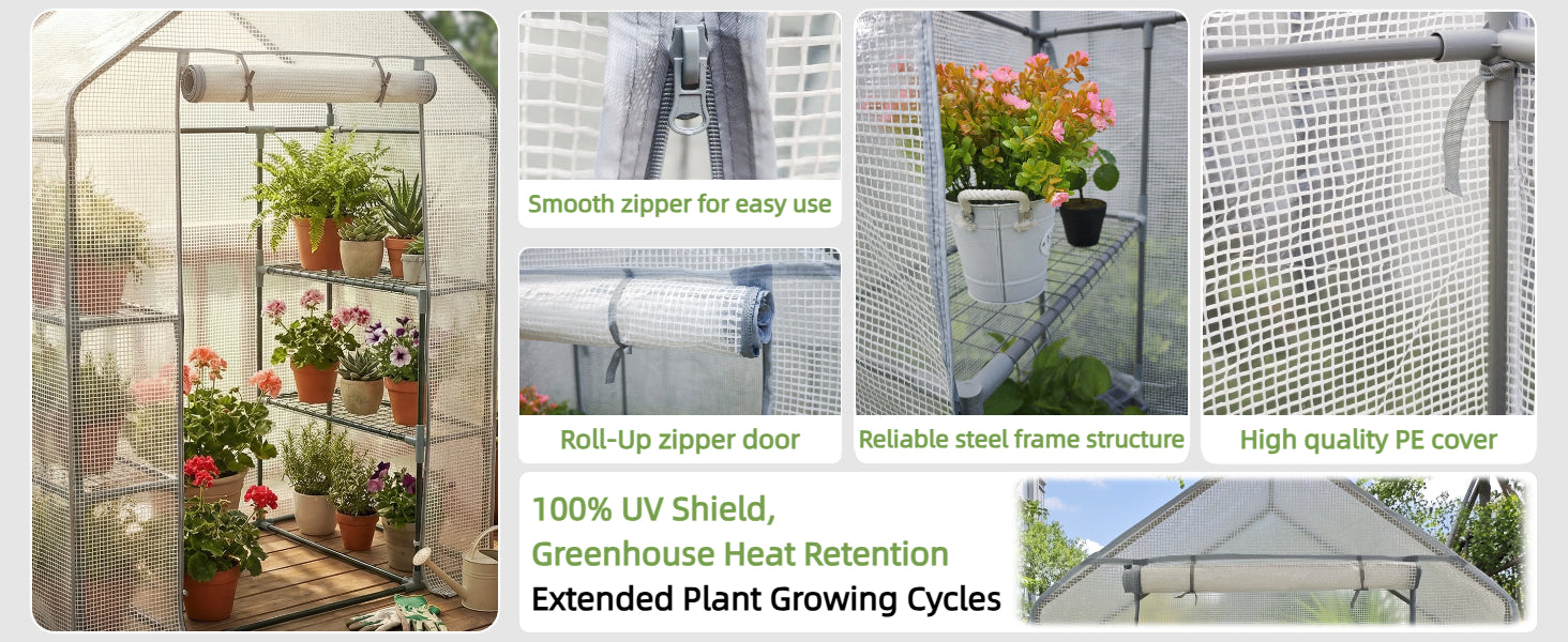 Greenhouses for Outdoors - Walk-in Greenhouse, Rustproof Steel Frame, 4 Removable Shelves & Durable PE Cover, Dual-Zip Door, All-Season for Patio/Yard/Deck (Herbs/Flowers/Vegetables)