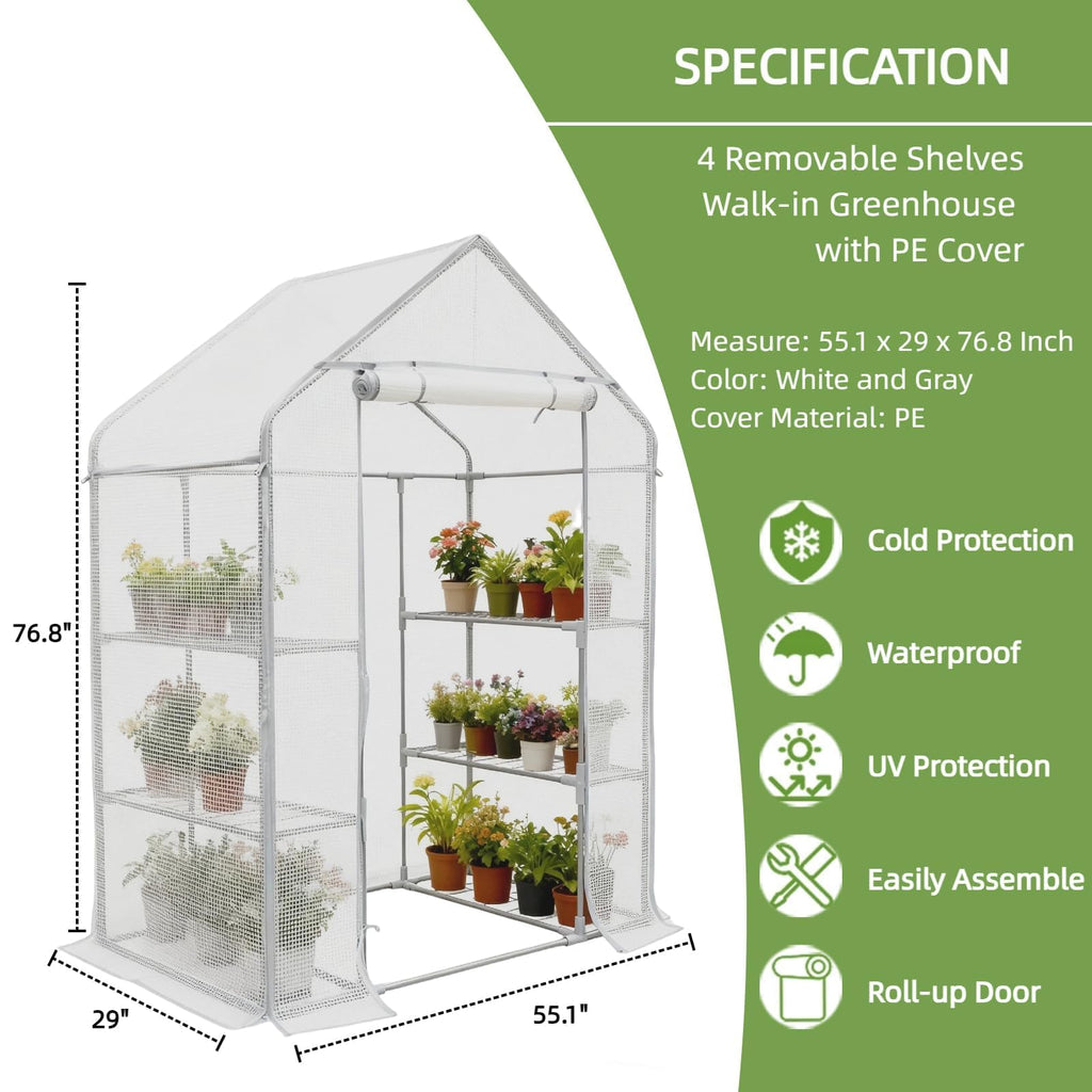 Greenhouses for Outdoors - Walk-in Greenhouse, Rustproof Steel Frame, 4 Removable Shelves & Durable PE Cover, Dual-Zip Door, All-Season for Patio/Yard/Deck (Herbs/Flowers/Vegetables)