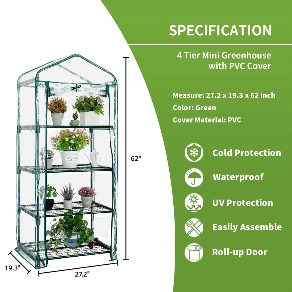 Mini Greenhouse for Indoor Outdoor, Small Plants Green House with 4 Tier Shelves, Portable Plastic Greenhouses with Transparent PVC Cover for Garden Backyard Patio Balcony Porch