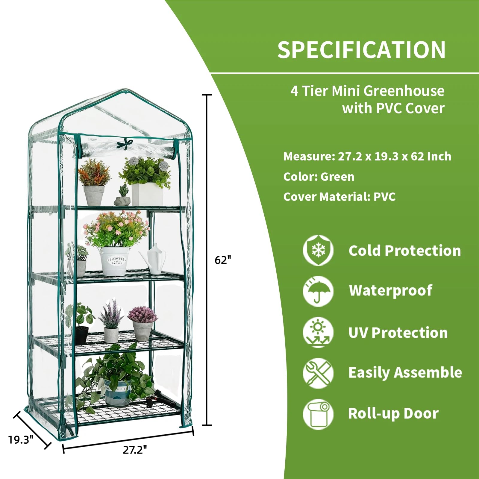 Mini Greenhouse for Indoor Outdoor, Small Plants Green House with 4 Tier Shelves, Portable Plastic Greenhouses with Transparent PVC Cover for Garden Backyard Patio Balcony Porch