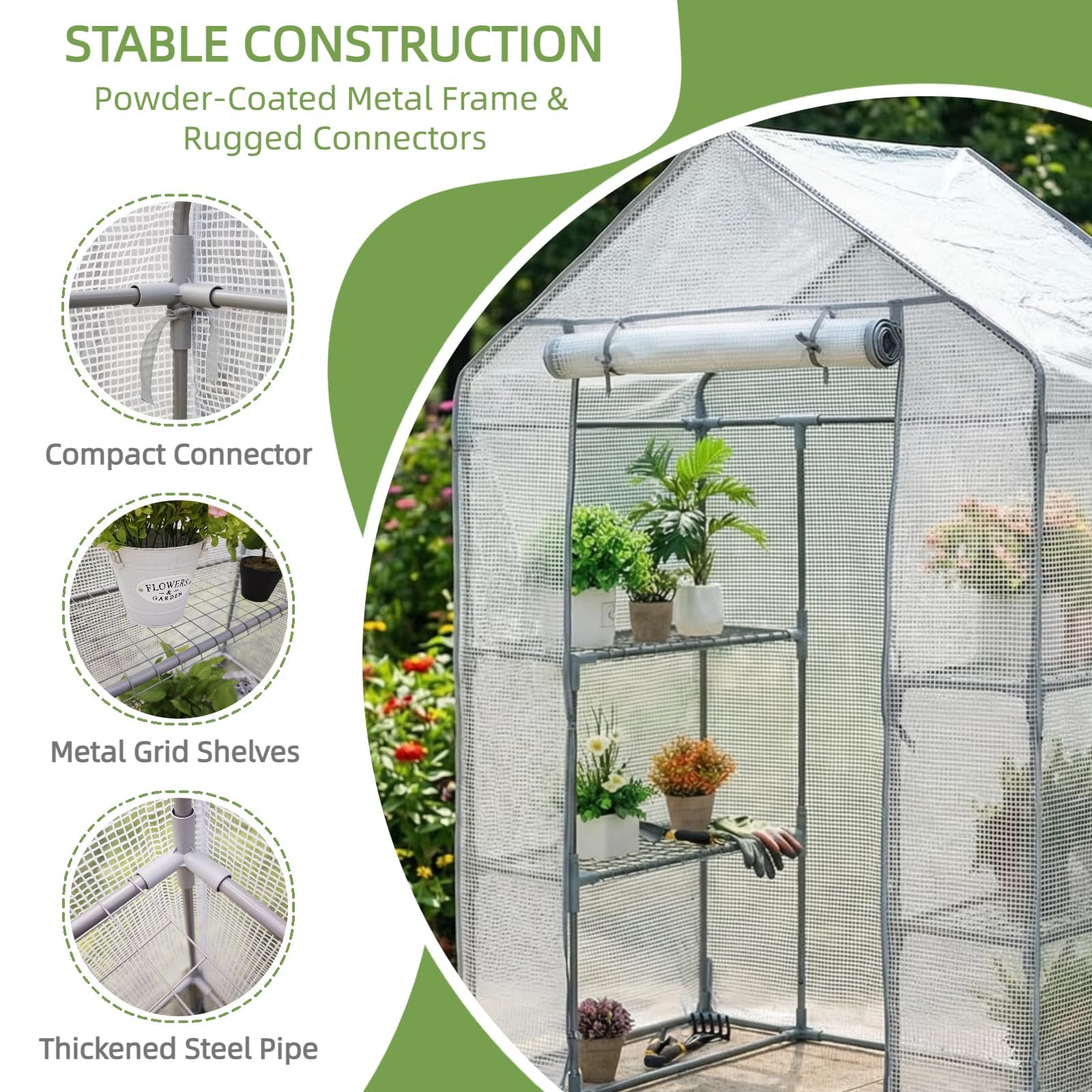 Greenhouses for Outdoors - Walk-in Greenhouse, Rustproof Steel Frame, 4 Removable Shelves & Durable PE Cover, Dual-Zip Door, All-Season for Patio/Yard/Deck (Herbs/Flowers/Vegetables)