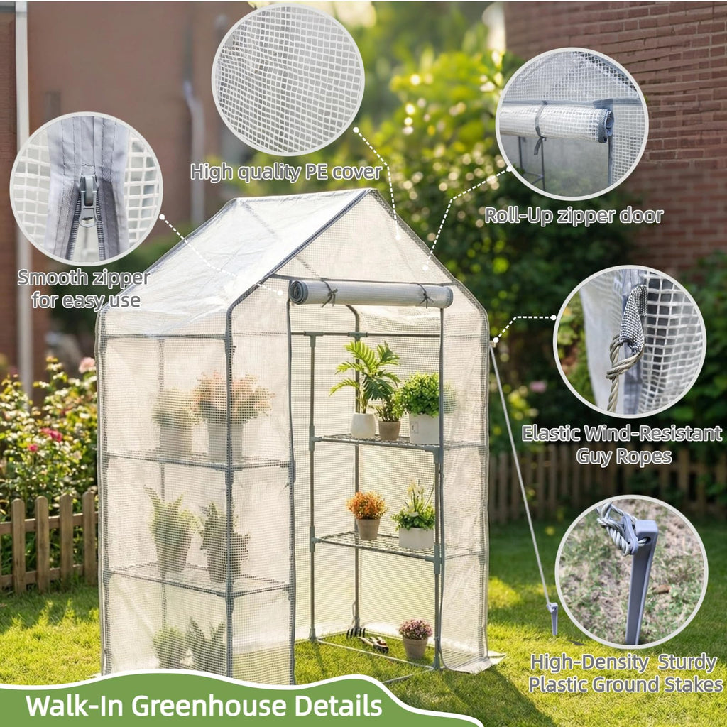 Greenhouses for Outdoors - Walk-in Greenhouse, Rustproof Steel Frame, 4 Removable Shelves & Durable PE Cover, Dual-Zip Door, All-Season for Patio/Yard/Deck (Herbs/Flowers/Vegetables)