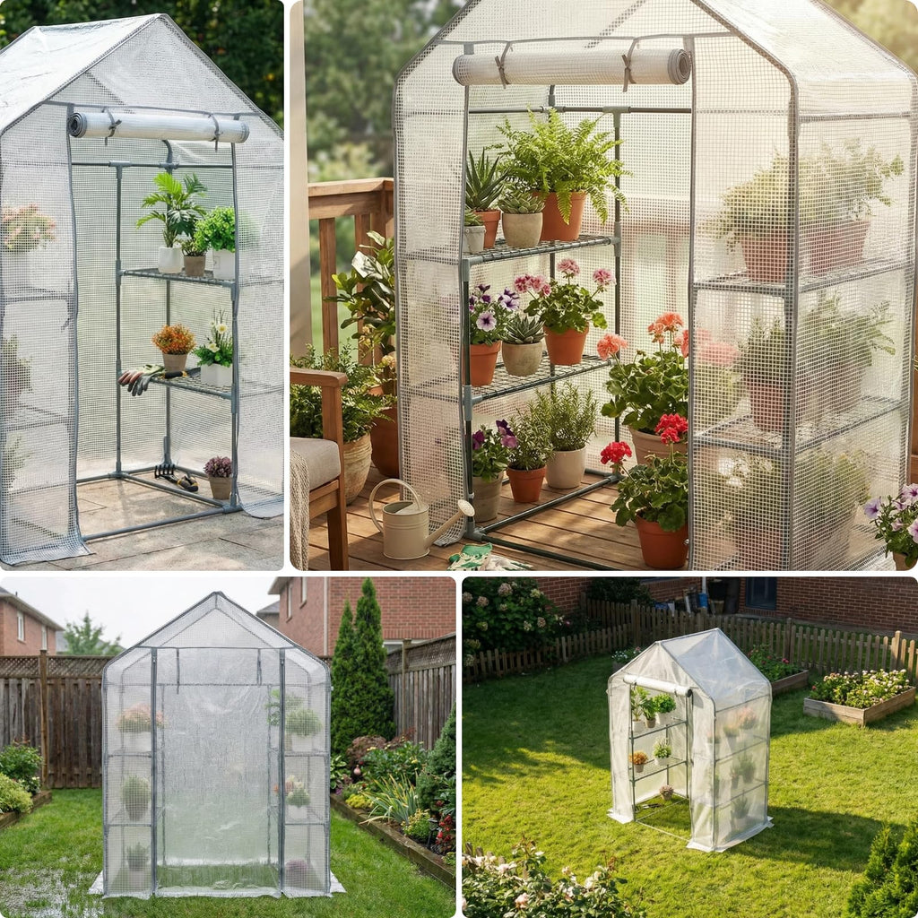 Greenhouses for Outdoors - Walk-in Greenhouse, Rustproof Steel Frame, 4 Removable Shelves & Durable PE Cover, Dual-Zip Door, All-Season for Patio/Yard/Deck (Herbs/Flowers/Vegetables)