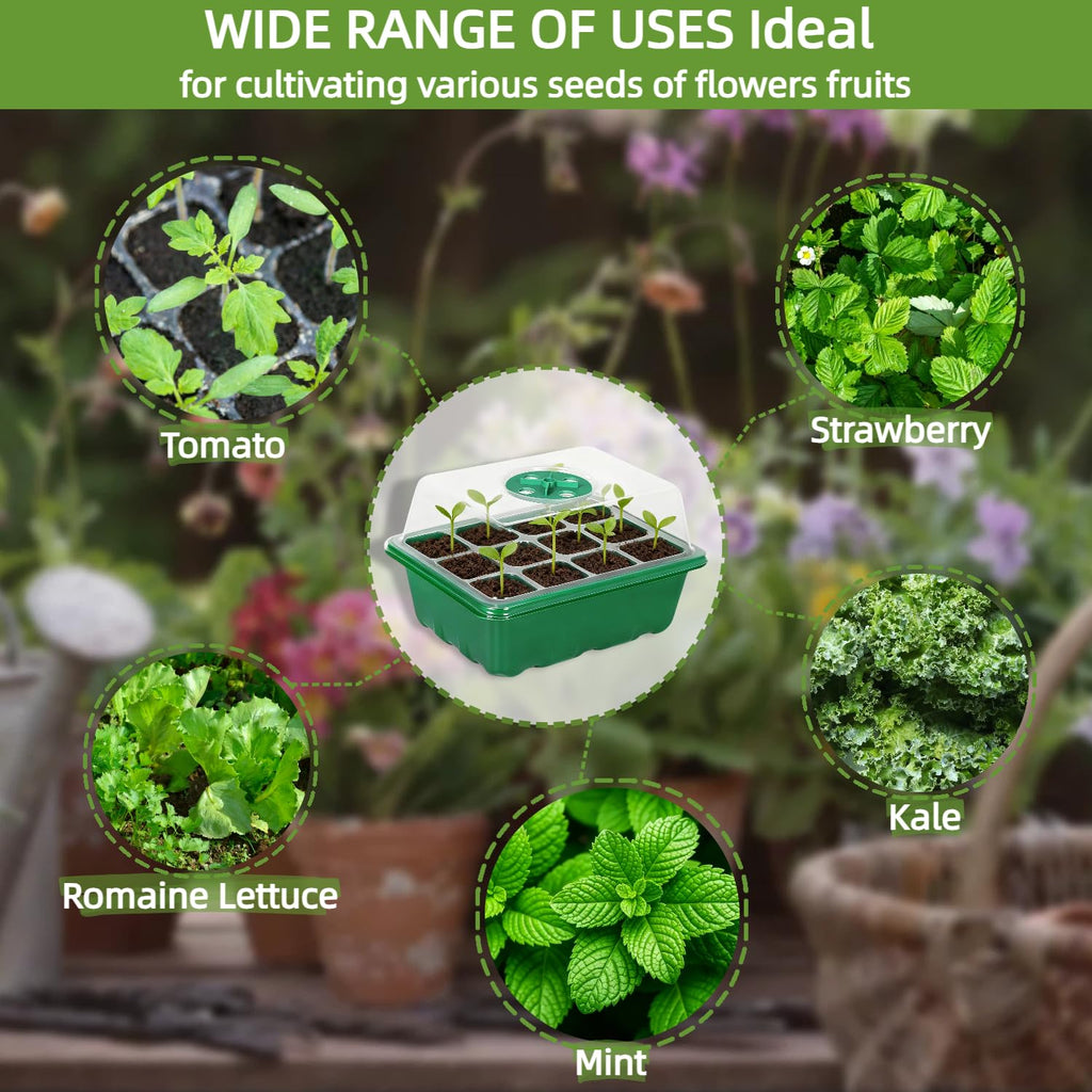 10 Packs Seed Starter Tray Seed Starter Kit with Humidity Dome (120 Cells Total Tray) Seed Starting Trays Plant Starter Kit and Base Mini Greenhouse Germination Kit for Seeds Growing Starting